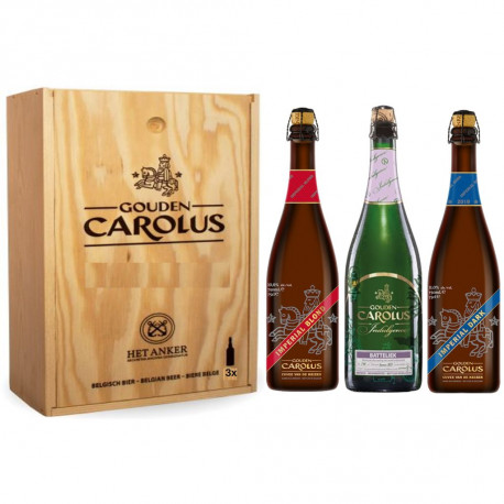 Estuche de madera de 3 botellas gama premium Gouden Carolus 75 CL